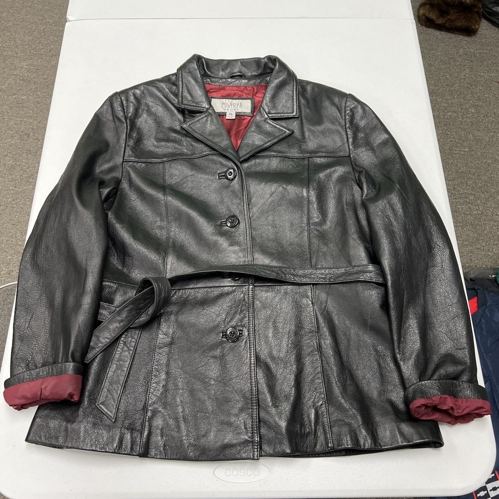 Wilsons Leather Car Coat Womens XL Black Belted Button Front Quilted Lining